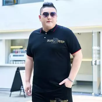 Мужская рубашка поло больших размеров Fat Man с короткими рукавами Мужская футболка с увеличенными лацканами размера плюс Fat Man Повседневная свободная футболка с половиной рукавов 2XL чёрный