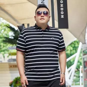 Мужская рубашка-поло больших размеров с короткими рукавами больших размеров, полосатая молодежная футболка с лацканами с половиной рукавов, размер 195 2XL чёрный