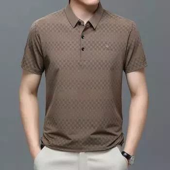 Мужская рубашка поло из ледяного шелка с коротким рукавом, тонкое летнее платье, деловая, мужская, свободного кроя, с отложным воротником, жаккардовая в клетку, с рукавом до локтя, топ, футболка M
