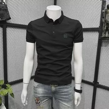 Мужская рубашка-поло: Летний тренд 2023 года, короткий рукав, облегающий крой, мода высокого класса, топ с воротником Medium белый