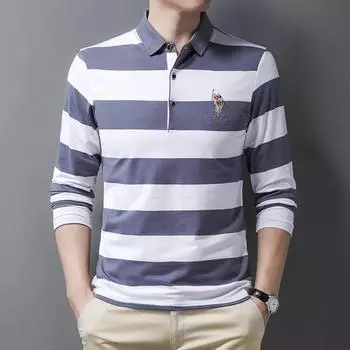 Мужская рубашка поло, осенняя мужская футболка с длинными рукавами, полосатая хлопковая мужская деловая рубашка с лацканами L светло-серый