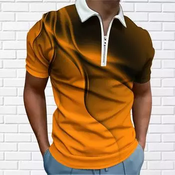 Мужская рубашка поло повседневная на молнии с коротким рукавом модная повседневная на молнии лето весна стандартный крой 3D оранжевый рябь принт рубашка XS оранжевый