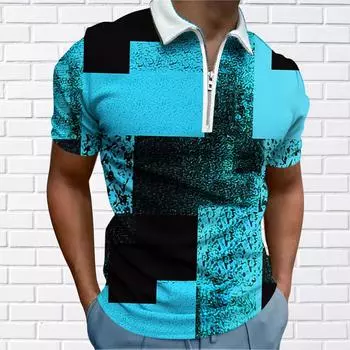 Мужская рубашка поло повседневная на молнии с коротким рукавом модная повседневная на молнии лето весна обычный крой 3D синяя клетчатая рубашка с принтом в горошек XS синий