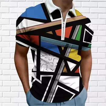 Мужская рубашка поло повседневная на молнии с коротким рукавом модная повседневная на молнии летняя весна стандартный крой 3D нерегулярный графический принт рубашка XS разноцветный