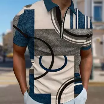 Мужская рубашка поло повседневная на молнии с коротким рукавом модная повседневная на молнии лето весна обычный крой синяя легкая геометрическая 3D-принт рубашка XS синий