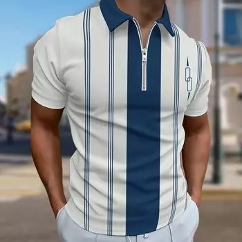 Мужская рубашка поло повседневная на молнии с коротким рукавом модная повседневная на молнии лето весна стандартный крой черно-синяя рубашка с вертикальными полосами 3D-принт XS чёрный