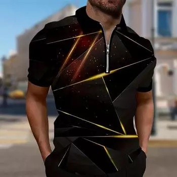 Мужская рубашка поло повседневная на молнии с коротким рукавом модная повседневная на молнии лето весна стандартный крой рубашка со звездным 3D принтом XS чёрный
