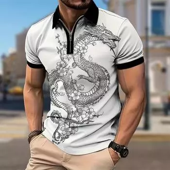 Мужская рубашка поло повседневная на молнии с коротким рукавом модная повседневная на молнии лето весна обычный крой китайская рубашка с принтом 3D лунг XS синий