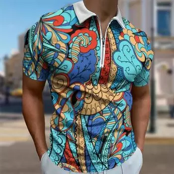 Мужская рубашка поло повседневная на молнии с коротким рукавом модная повседневная на молнии лето весна стандартный крой Dopamine ретро диаграмма 3D принт рубашка XS синий