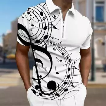 Мужская рубашка поло повседневная на молнии с коротким рукавом модная повседневная на молнии лето весна стандартный крой рубашка с принтом Coconut Tree&Notes&Horn 3D XS чёрный