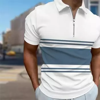 Мужская рубашка поло повседневная на молнии с коротким рукавом модная повседневная на молнии летняя весенняя рубашка стандартного кроя с яркими широкими полосками и 3D-принтом XS синий