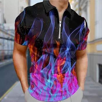 Мужская рубашка поло повседневная на молнии с коротким рукавом модная повседневная на молнии лето весна стандартный крой рубашка с принтом Flame Vortex 3D XS чёрный