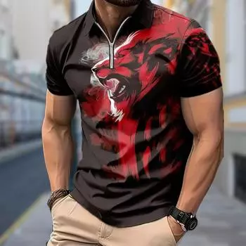Мужская рубашка поло повседневная на молнии с коротким рукавом модная повседневная на молнии лето весна стандартный крой рубашка с принтом льва 3D XS чёрный