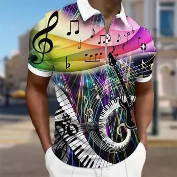 Мужская рубашка поло повседневная на молнии с коротким рукавом модная повседневная на молнии летняя весенняя рубашка стандартного кроя с принтом фортепиано и гитары 3D XS синий