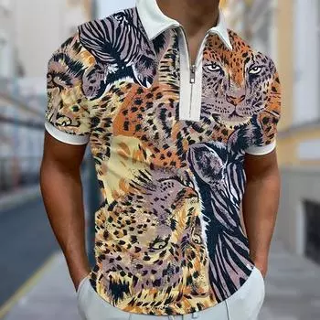 Мужская рубашка поло повседневная на молнии с коротким рукавом модная повседневная на молнии летняя весенняя рубашка стандартного кроя с принтом цветов и тигра 3D XS синий