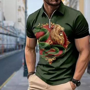 Мужская рубашка поло повседневная на молнии с коротким рукавом модная повседневная на молнии лето весна стандартный крой принт с животными 3D принт рубашка XS чёрный