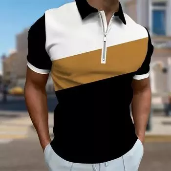 Мужская рубашка поло повседневная на молнии с коротким рукавом модная повседневная на молнии лето весна стандартный крой цветные блоки сращивание 3D принт рубашка XS чёрный