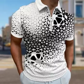 Мужская рубашка поло повседневная на молнии с коротким рукавом модная повседневная на молнии лето весна стандартный крой геометрический треугольник 3D принт рубашка XS чёрный