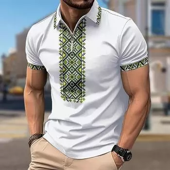 Мужская рубашка поло повседневная на молнии с коротким рукавом модная повседневная на молнии лето весна стандартный крой этнический стиль 3D принт рубашка XS зелёный