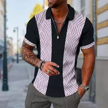 Мужская рубашка поло повседневная на молнии с коротким рукавом модная повседневная на молнии лето весна стандартный крой полосатый принт 3D принт рубашка XS синий