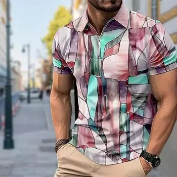 Мужская рубашка поло повседневная на молнии с коротким рукавом модная повседневная на молнии лето весна стандартный крой смешанного цвета с 3D принтом рубашка XS синий