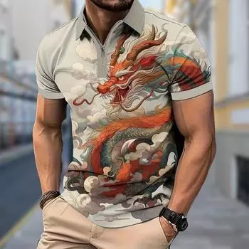 Мужская рубашка поло повседневная на молнии с коротким рукавом модная повседневная на молнии лето весна обычный крой китайская рубашка с принтом 3D лунг XS синий