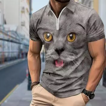 Мужская рубашка поло повседневная на молнии с коротким рукавом модная повседневная на молнии лето весна стандартный крой рубашка с принтом Lucky Cat 3D XS синий