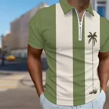 Мужская рубашка поло повседневная на молнии с коротким рукавом модная повседневная на молнии лето весна стандартный крой вертикальные полосы и кокосовые пальмы 3D принт рубашка XS зелёный