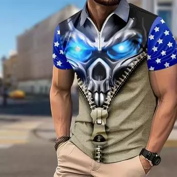 Мужская рубашка поло повседневная на молнии с коротким рукавом модная повседневная на молнии лето весна стандартный крой рубашка с принтом Aurora 3D XS чёрный