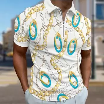 Мужская рубашка поло повседневная на молнии с коротким рукавом модная повседневная на молнии лето весна стандартный крой цепочка&листья&линии 3D принт рубашка XS синий