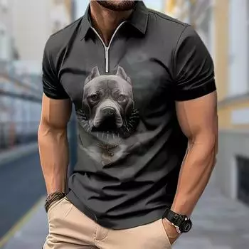 Мужская рубашка поло повседневная на молнии с коротким рукавом модная повседневная на молнии лето весна стандартный крой рубашка с принтом бульдога 3D XS чёрный