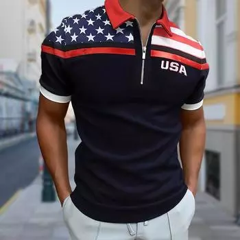 Мужская рубашка поло повседневная на молнии с коротким рукавом модная повседневная на молнии лето весна стандартный крой 3D пятиконечная звезда принт рубашка XS чёрный