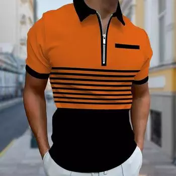 Мужская рубашка поло повседневная на молнии с коротким рукавом модная повседневная на молнии лето весна стандартный крой 3D мелкий полосатый принт рубашка XS оранжевый