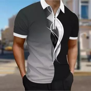 Мужская рубашка поло повседневная на молнии с коротким рукавом модная повседневная на молнии лето весна стандартный крой темный цвет сращивание 3D принт рубашка XS чёрный