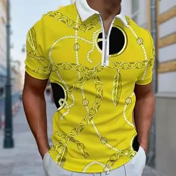 Мужская рубашка поло повседневная на молнии с коротким рукавом модная повседневная на молнии лето весна стандартный крой золотая цепочка печать 3D принт рубашка XS синий