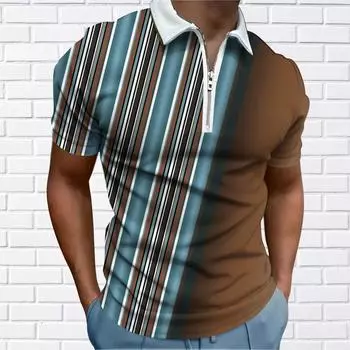 Мужская рубашка поло повседневная на молнии с коротким рукавом модная повседневная на молнии летняя весенняя рубашка стандартного кроя с принтом в полоску 3D XS дубильная кора