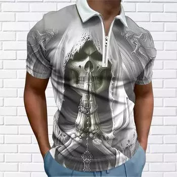 Мужская рубашка поло повседневная на молнии с коротким рукавом модная повседневная на молнии лето весна стандартный крой рубашка с принтом 3D Death XS чёрный