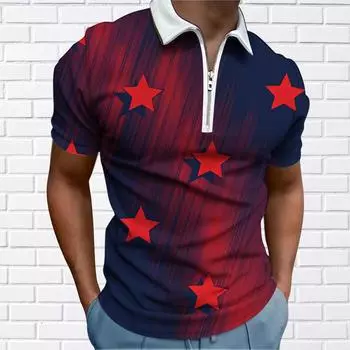 Мужская рубашка поло повседневная на молнии с коротким рукавом модная повседневная на молнии лето весна стандартный крой 3D пятиконечная звезда принт рубашка XS красный