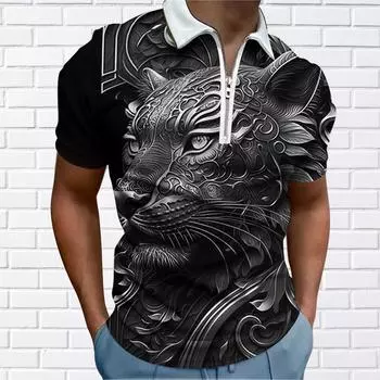 Мужская рубашка поло повседневная на молнии с коротким рукавом модная повседневная на молнии летняя весенняя рубашка стандартного кроя с 3D леопардовым принтом XS зелёный