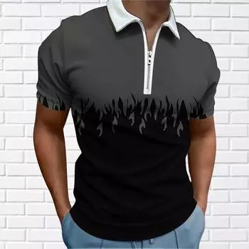 Мужская рубашка поло повседневная на молнии с коротким рукавом модная повседневная на молнии летняя весенняя рубашка стандартного кроя с принтом 3D черного пламени XS чёрный