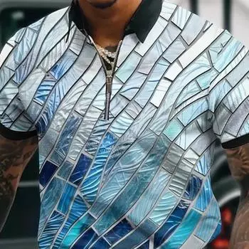 Мужская рубашка поло повседневная на молнии с коротким рукавом модная повседневная на молнии лето весна стандартный крой цветная нерегулярная прямоугольная рубашка с 3D-принтом XS синий