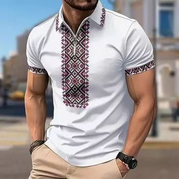 Мужская рубашка поло повседневная на молнии с коротким рукавом модная повседневная на молнии лето весна стандартный крой этнический стиль 3D принт рубашка L зелёный