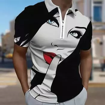 Мужская рубашка поло повседневная на молнии с коротким рукавом модная повседневная на молнии лето весна стандартный крой рубашка с принтом лица и ореха кешью 3D XS чёрный