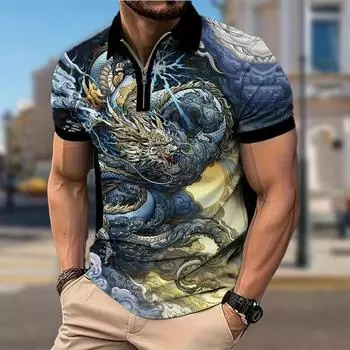Мужская рубашка поло повседневная на молнии с коротким рукавом модная повседневная на молнии лето весна обычный крой китайская рубашка с принтом 3D лунг XS белый