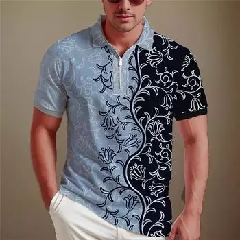 Мужская рубашка-поло, повседневная рубашка на молнии с коротким рукавом, модная повседневная рубашка на молнии на лето и весну, стандартный крой, 3D голубая рубашка с цветочным принтом XS фиолетовый