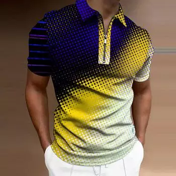 Мужская рубашка-поло, повседневная рубашка на молнии с коротким рукавом, модная повседневная рубашка на молнии на лето и весну, стандартная посадка, рубашка с 3D синим и желтым принтом в горошек XS жёлтый
