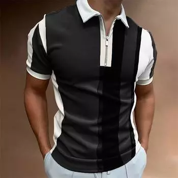 Мужская рубашка-поло, повседневная рубашка на молнии с коротким рукавом, модная повседневная рубашка на молнии на лето и весну, стандартная посадка, рубашка с 3D черным полосатым принтом XS чёрный