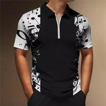 Мужская рубашка-поло, повседневная рубашка на молнии с коротким рукавом, модная повседневная рубашка на молнии на лето и весну, стандартная посадка, рубашка с 3D черным принтом XS чёрный