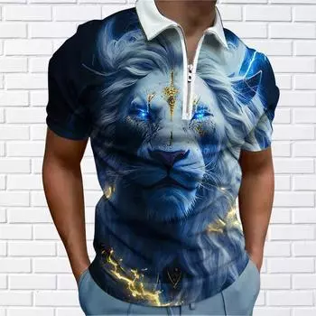 Мужская рубашка-поло, повседневная рубашка на молнии с коротким рукавом, модная повседневная рубашка на молнии на лето и весну, стандартная посадка, рубашка с 3D принтом льва XS синий