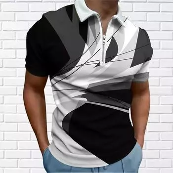 Мужская рубашка-поло, повседневная рубашка на молнии с коротким рукавом, модная повседневная рубашка на молнии на лето и весну, стандартная посадка, рубашка с 3D серо-белыми линиями и принтом XS чёрный